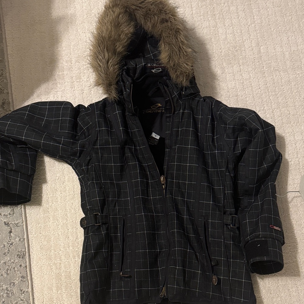 Obermeyer Black Checkered Jacket with Fur Trim